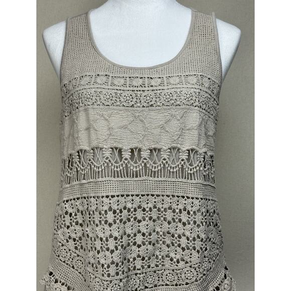 Tan Embroidered Lace Overlay Tank Top Size Medium Boho Beach Casual - Picture 2 of 11
